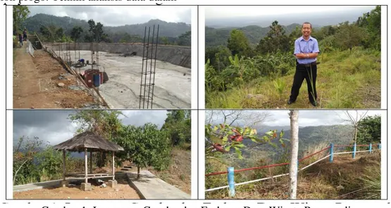 Gambar 1. Lanscape, Gazebo dan Embung Desa Wisata Puspoardi  Sumber : Dokumentasi Penelitian (2019) 