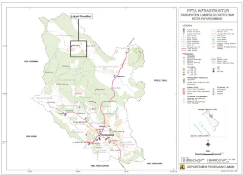 Gambar 1.1. Lokasi penelitian berdasarkan peta administratif Kabupaten Limapuluh Kota  (Kementerian Pekerjaan Umum, 2009)