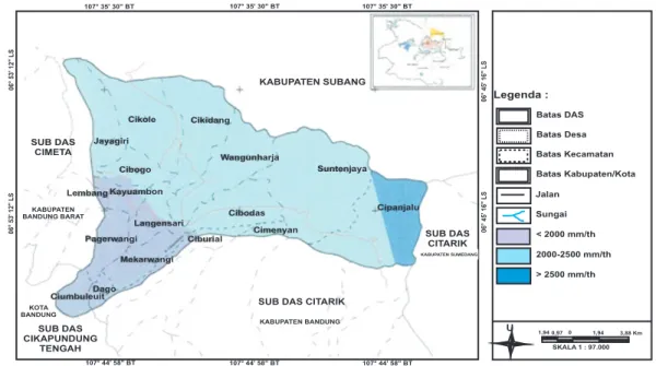 Gambar  1.  Peta  curah  hujan  Sub  DAS  Cikapundung  Hulu  (Sumber:  Dinas  Permukiman  dan  Perumahan   Provinsi Jawa Barat, 2004).