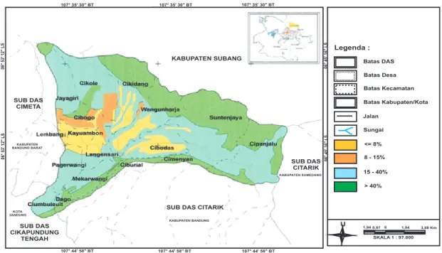 Gambar 3. Peta kemiringan lereng  (Sumber: Dinas Permukiman dan Perumahan  Provinsi Jawa Barat, 2004).