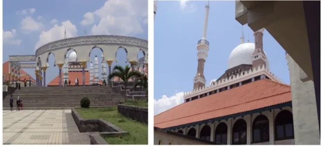 Gambar halaman depan Masjid Agung Jawa Tengah (kiri) dan stupa atas masjid (kanan).