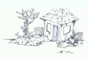Gambar 48 menunjukkan keinginan sutradara untuk menghadirkan rumah sederhana di lingkungan yang tandus (berbatu) di atas pentas