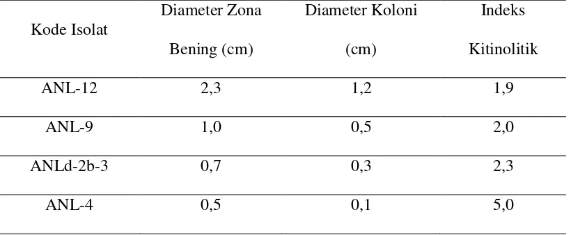 Tabel 1. Indeks kitinolitik Actinomycetes yang diisolasi dari Lumpur Hutan Bakau 