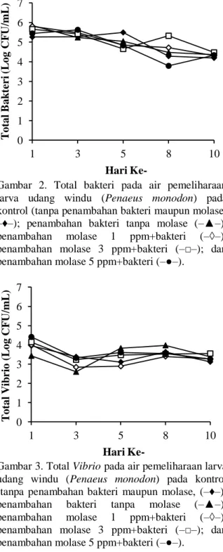 Gambar  2.  Total  bakteri  pada  air  pemeliharaan  larva  udang  windu  (Penaeus  monodon)  pada  kontrol (tanpa penambahan bakteri maupun molase,  –♦–);  penambahan  bakteri  tanpa  molase  (–▲–); 