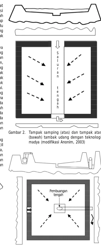 Gambar 1. Tampak  samping  (atas)  dan  tampak  atas (bawah) dari tambak udang dengan teknologi sederhana  (modifikasi  Anonim,  2003)