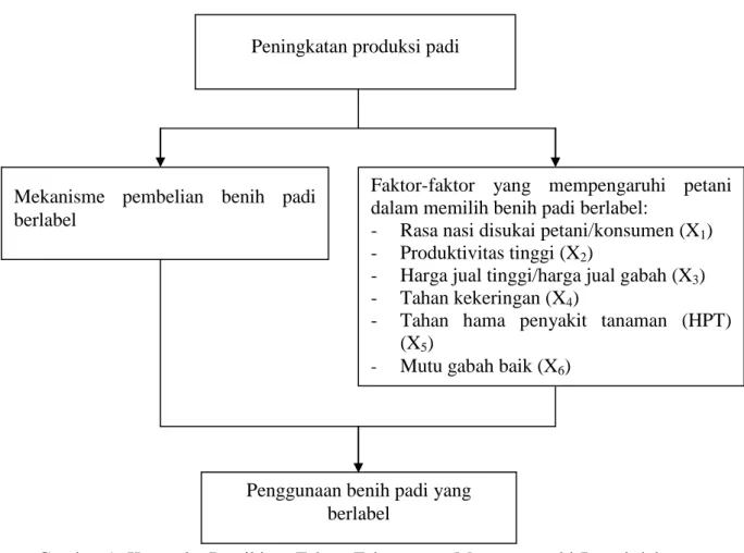 Gambar 1. Kerangka Pemikiran Faktor-Faktor yang Mempengaruhi Petani dalam                       Pembelian  Benih  Padi  Berlabel  di  Desa  Sidodadi  Kecamatan                         Boliohuto Kabupaten Gorontalo