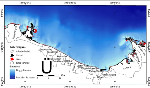 Gambar 6.  Peta zona akresi dan erosi hasil analisis overlay fiturset garis  pantai  dari  dataset  Landsat  TM  Tahun  1991  dan  ETM+ 