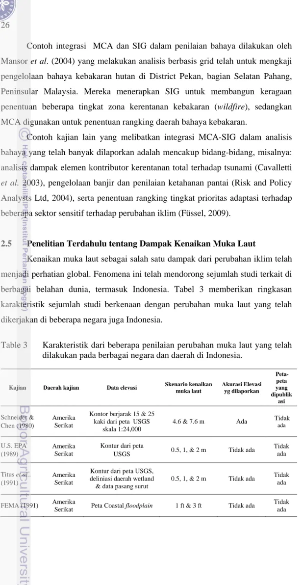 Table 3  Karakteristik dari beberapa penilaian perubahan muka laut yang telah  dilakukan pada berbagai negara dan daerah di Indonesia