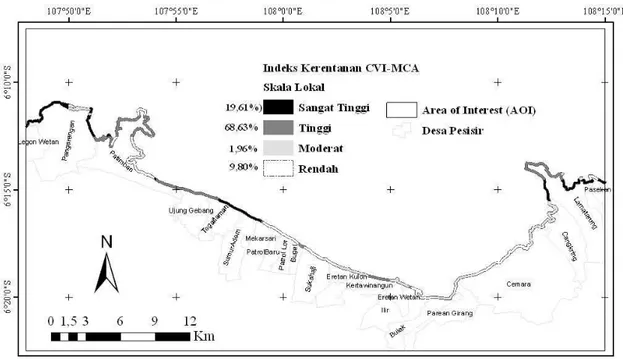 Gambar 3. Peta Indeks Kerentanan Pantai Global (Baku) Kawasan Pantai Indramayu Berdasarkan Pendekatan Berbasis CVI-MCA