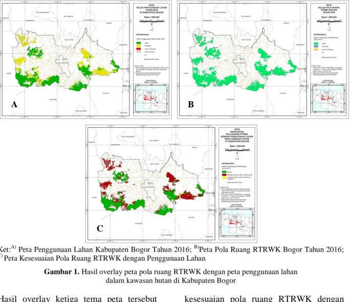 Gambar 1. Hasil overlay peta pola ruang RTRWK dengan peta penggunaan lahan   dalam kawasan hutan di Kabupaten Bogor