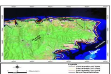 Gambar 3. Overlay garis pantai Citra Landsat Tahun 1990, 2002, dan 2014 (RGB-653)  Berdasarkan  overlay  citra  satelit 