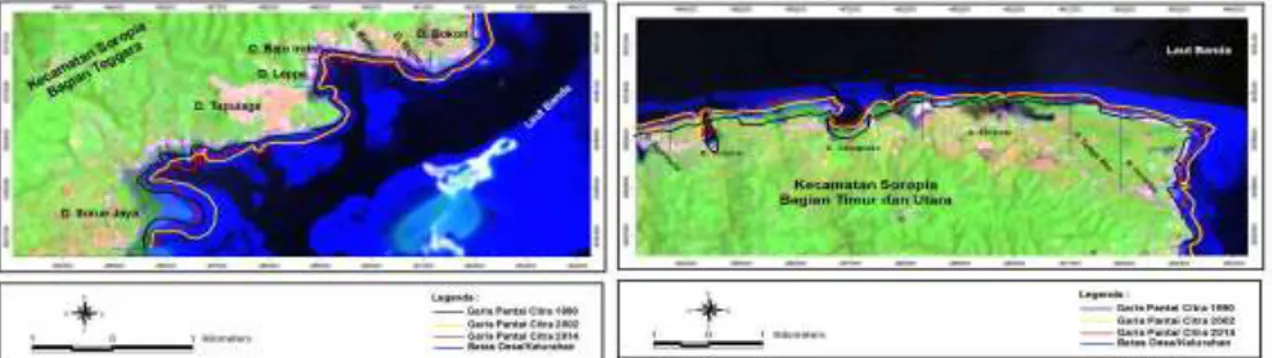 Gambar  4.  Perubahan  garis  pantai  di  Kecamatan  Soropia  bagian  T e n g g a r a   ( a )   s e r t a   S o r o p i a   b a g i a n   T i m u r   d a n   U t a r a   ( b )   T ahun  1990,  2002,  dan  2014  (RGB-653) 