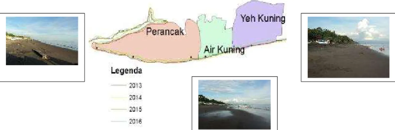 Gambar 8. Desa Pesisir di Kecamatan Jembrana (a) Wilayah Perancak tidak mengalami abrasi maupun akresi (b)  Wilayah Air Kuning yang mengalami abrasi dan (c) Wilayah Yeh Kuning yang mengalami abrasi