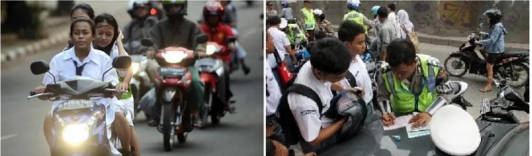 Gambar 1. Fenomena anak sekolah menggunakan sepeda motor dan pelanggaran yang dilakukan