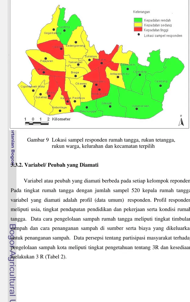 Gambar 9  Lokasi sampel responden rumah tangga, rukun tetangga,                     rukun warga, kelurahan dan kecamatan terpilih 