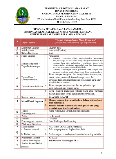 RENCANA PELAKSANAAN LAYANAN (RPL) BIMBINGAN KLASIKAL KELAS XI SMA ...