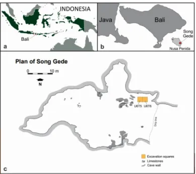 Gambar 1. a. Lokasi Situs Song Gede di Pulau Nusa Penida, b. Lokasi Situs Song Gede, dan c