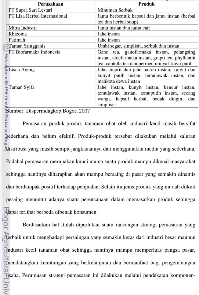 Tabel 4. Produsen Obat Tradisional Berbahan Baku Tanaman Obat di Bogor 