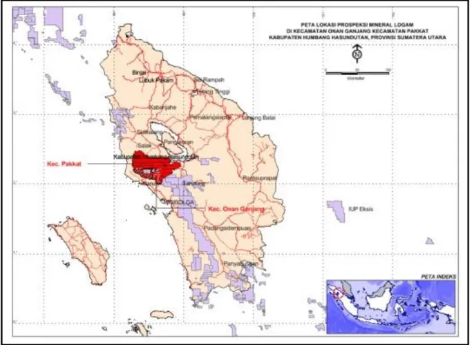 Gambar 1.  Peta Lokasi Prospeksi Mineral Logam di Kecamatan Onan Ganjang dan  Kecamatan Pakkat, Kabupaten Humbang Hasundutan, Provinsi Sumatera Utara 