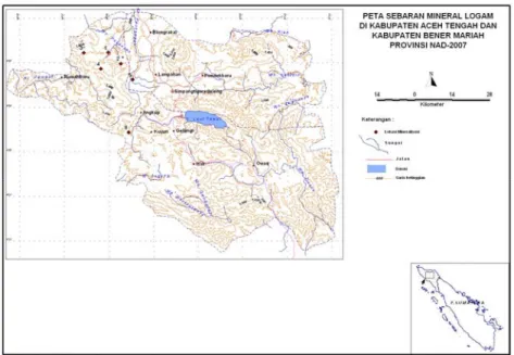 Gambar 6. Peta sebaran mineral logam di Kabupaten Aceh  Tengah dan Kabupaten Bener Meriah