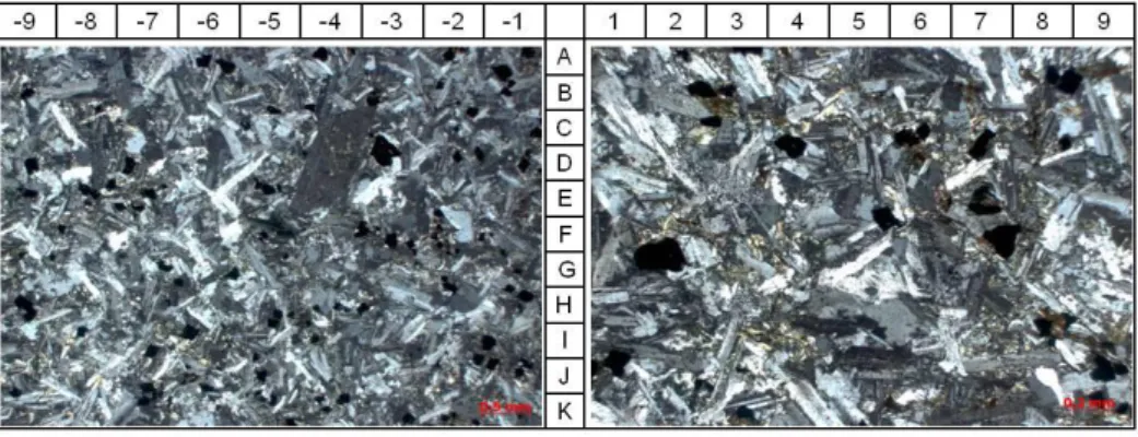 Gambar 7. Fotomikrograf  Mikro Diorit Disusun Oleh Plagioklas (C,2), (D,-4) Dominan  Sebagai Penyusun Batuan,  Amfibol (I,4), Sebagai Relik Sudah Terubah Kuat Menjadi Klorit 
