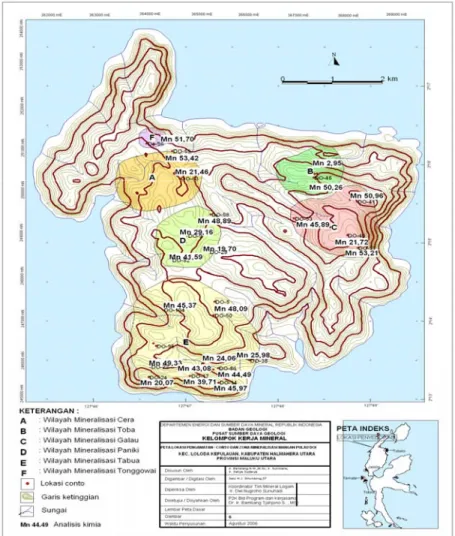 Gambar 3. Peta lokasi sebaran/ zona mineralisasi mangan di Pulau Doi  Endapan  Mangan  Primer     Endapan     Mangan     Sekunder-1  Endapan  Mangan  Sekunder-2 