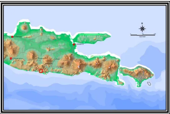 Gambar 1. Peta lokasi eksplorasi endapan besi di Kabupaten Trenggalek, Jawa Timur  Metoda penelitian yang dilakukan meliputi 