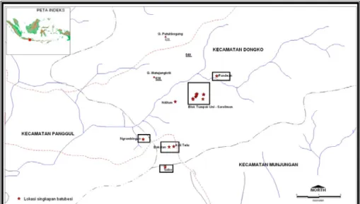 Gambar 3. Peta sebaran bijih besi di Kec. Dongko dan sekitarnya, Kab. Trenggalek, Prov