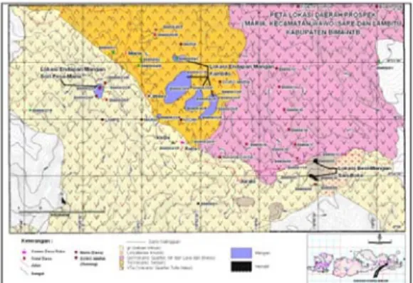 Gambar 3. Peta Geologi daerah Prospek Maria,  Kecamatan Wawo, Sape dan Lambitu,  Kabupaten Bima, Provinsi Nusa Tenggara 