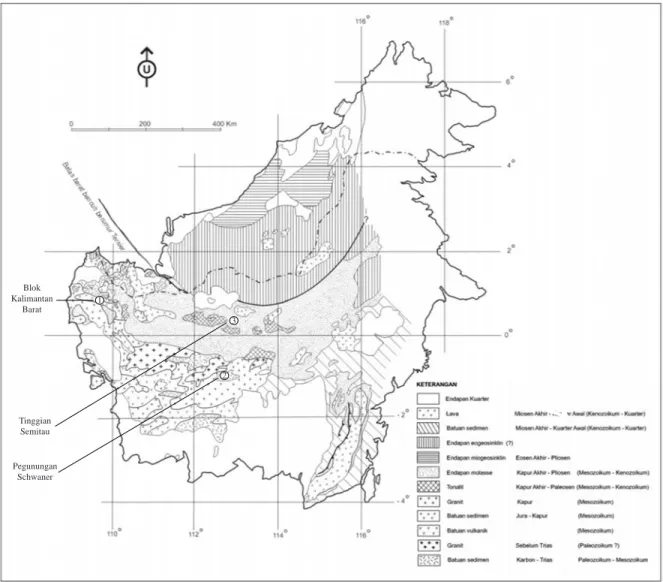 Gambar 1. Peta geologi regional Pulau Kalimantan (Haile, 1968; Pupilli, 1973; dan Hamilton, 1978).