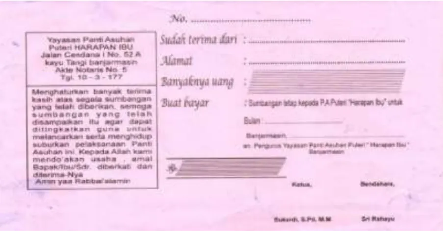 Gambar 4.2 Formulir Tanda Terima Donasi Uang dari Donatur Tetap       Sumber : Yayasan Panti Asuhan Puteri Harapan Ibu Banjarmasin 