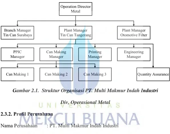 Gambar 2.1.  Struktur Organisasi PT. Multi Makmur Indah Industri                Div, Operasional Metal 