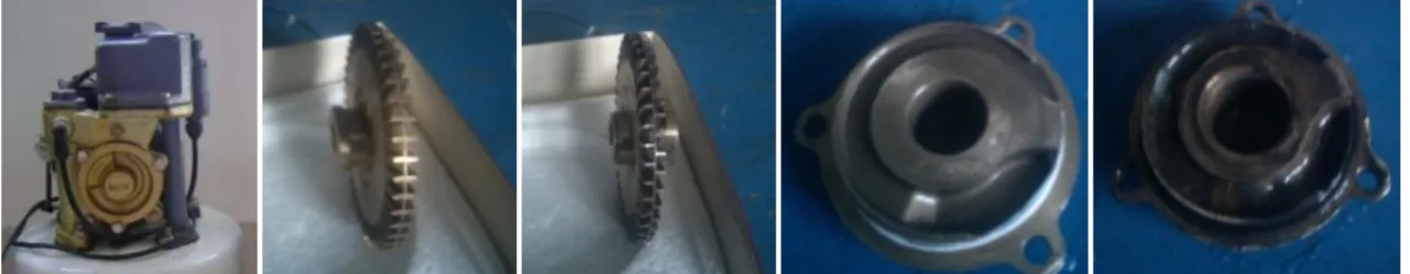 Gambar 3 Komponen Utama pompa sanyo, impeller sudu lurus, impeller sudu zig zag, tutup  impeller cembung dan tutup impeller datar 