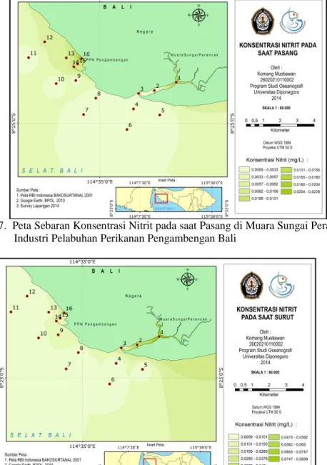 Gambar  8.  Peta Sebaran Konsentrasi Nitrit pada saat Surut di Muara Sungai Perancak dan  Industri Pelabuhan Perikanan Pengambengan Bali 