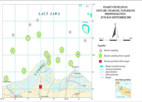 Tabel 1. Stasiun penelitian dan posisi geografis penelitian di perairan estuari Cisadane tahun 2003 – 2005