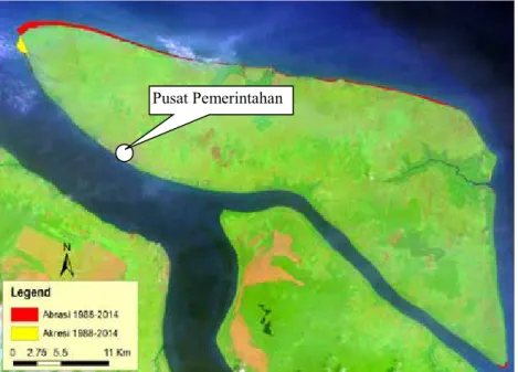 Gambar 4. Pantai Pulau Bengkalis yang mengalami abrasi dan akresi pada kurun waktu  tahun 1988 - 2014 