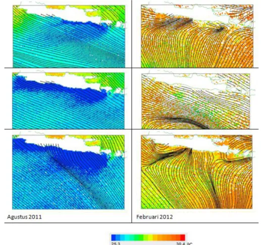 Gambar 3. Perbandingan pola distribusi TML  dari  MODIS dan streamline dari ASCAT pada saat monsun Australia  (JJA) dan monsun Australia dan monsun Asia (DJF) 