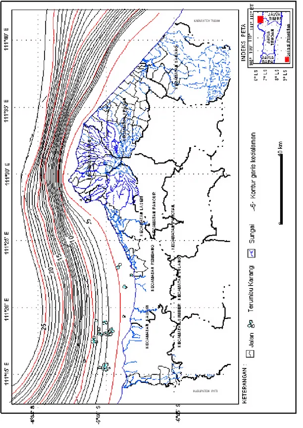 Gambar 4. Peta kontur kedalaman permukaan dasar laut Kabupaten Rembang