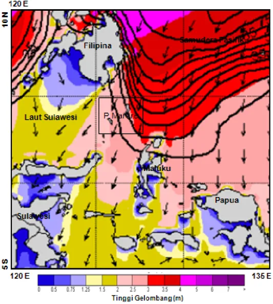 Gambar 14. Kondisi  tinggi  gelombang maksimum pada Bulan Januari (musim barat) di sekitar perairan P