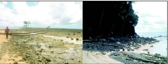 Gambar 2.  Singkapan batuan beku yang teridentifikasi di bagian utara (Tg. Bukide) dan barat (Mangindano) Pulau Marore