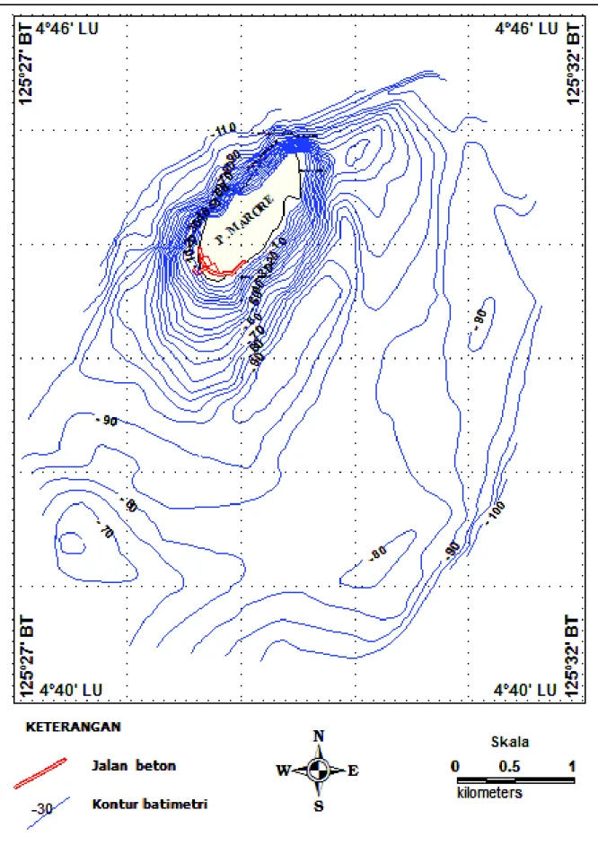 Gambar 6. Peta kontur kedalaman laut di sekitar perairan Pulau Marore