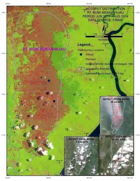 Gambar 3: Hotspot bulan Juni – Agustus 2014 dan areal terbakar BMH di  Kalimantan  Barat