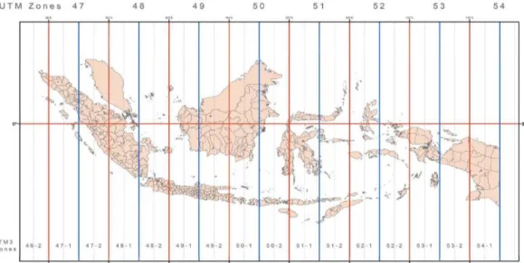 Gambar 1.6. Pembagian zona UTM di Indonesia  (Sumber : www.geospasial.net)  