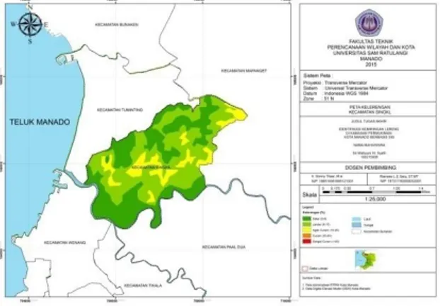 Gambar 15. Peta Kemiringan Lereng Kecamatan Mapanget  Sumber : Hasil Analisis Peneliti, 2015