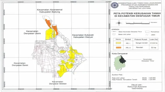 Tabel 6. Hasil skor pembobotan potensi kerusakan tanah di Kecamatan Denpasar  Timur 