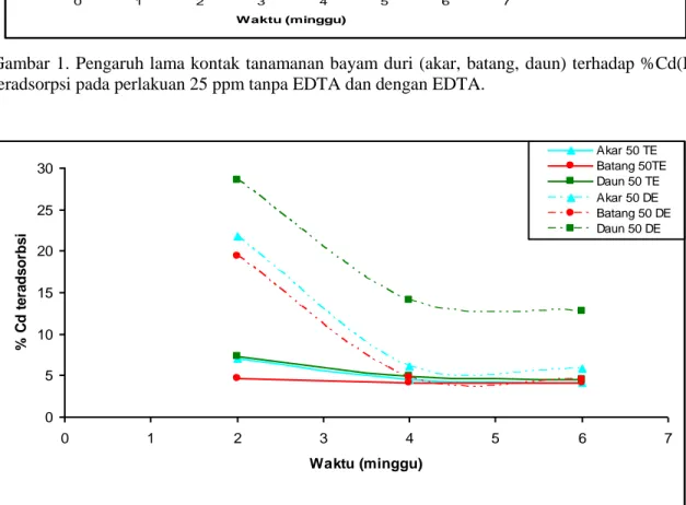 Gambar .2. Pengaruh lama kontak tanamanan bayam duri (akar, batang, daun)              terhadap %Cd(II) teradsorpsi pada perlakuan 50 ppm tanpa EDTA  