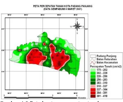Gambar-4.2 Peta kontur percepatan tanah maksimum daerah Padang Panjang  dan  sekitarnya gempa 6 Maret 2007  