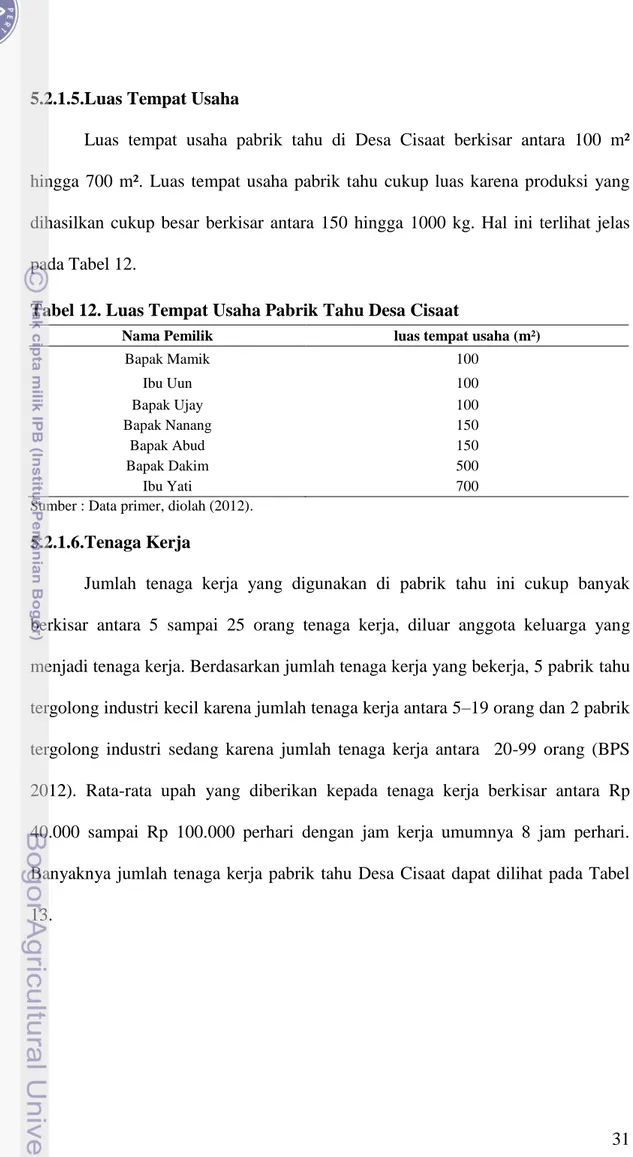 Tabel 12. Luas Tempat Usaha Pabrik Tahu Desa Cisaat 