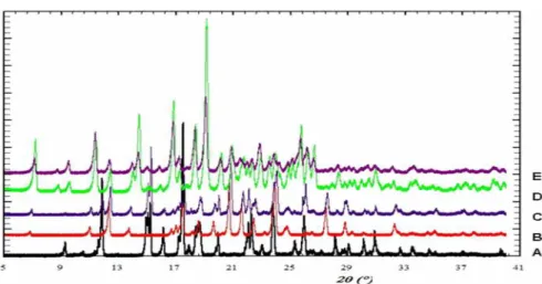 Gambar 5. Termogram DSC A) SMZ, B) TMP, C) campuran fisika TMP-SMZ ekimolar, D)  hasil  reaksi  kokristalisasi  antara  TMP-SMZ  dan  E)  hasil  rekristalisasi  leburan  antara TMP-SMZ