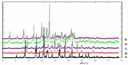 Gambar 5. Termogram DSC A) SMZ, B) TMP, C) campuran fisika TMP-SMZ ekimolar, D) hasil  reaksi  kokristalisasi antara  SMZ  dan  E)  hasil  rekristalisasi leburan antara   TMP-SMZ